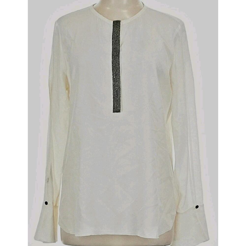 Go By GoSilk Large Women's Long Split Sleeve Silk Top Raw Hem Silver Detail Snap